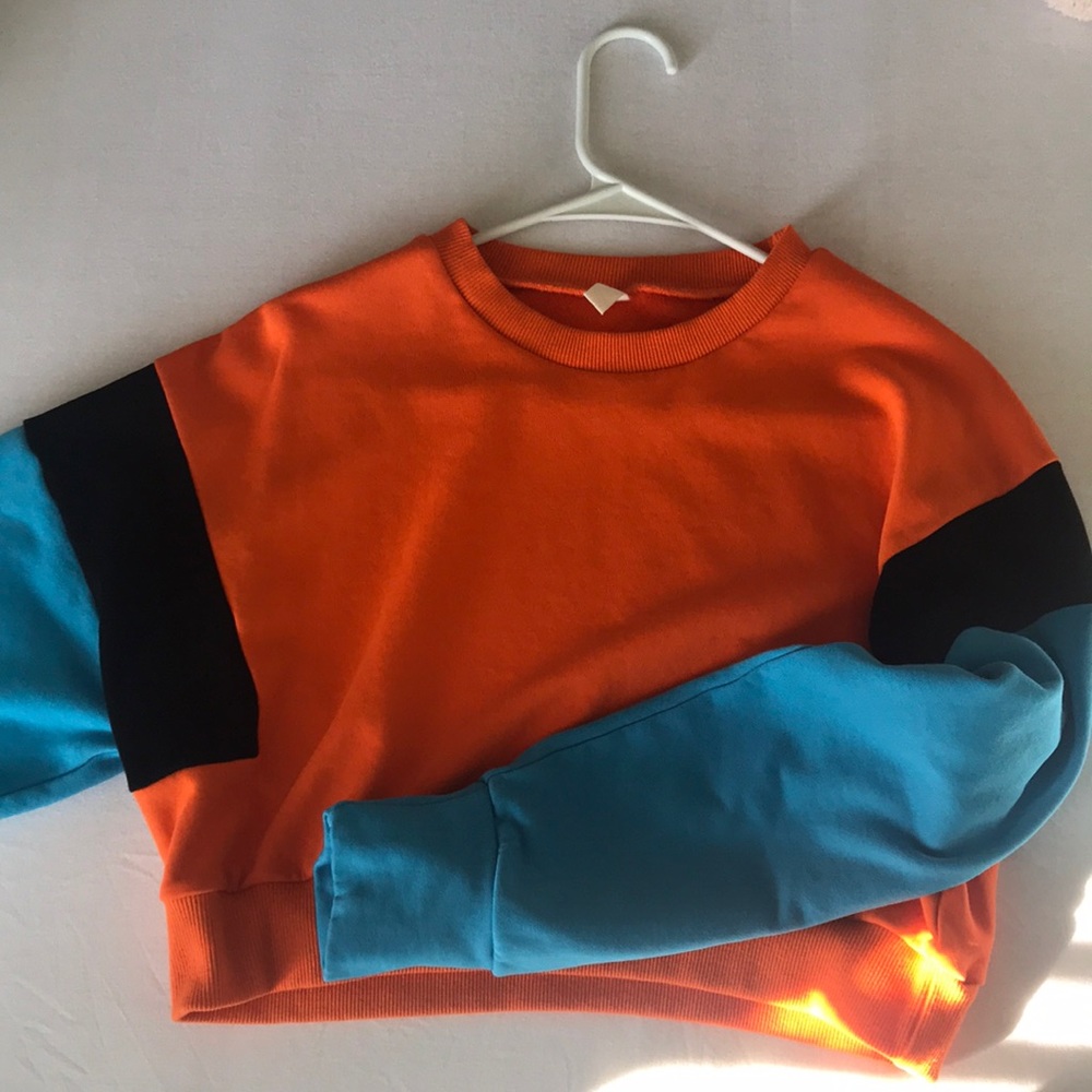 Cropped Orange and Blue Crewneck Sweater